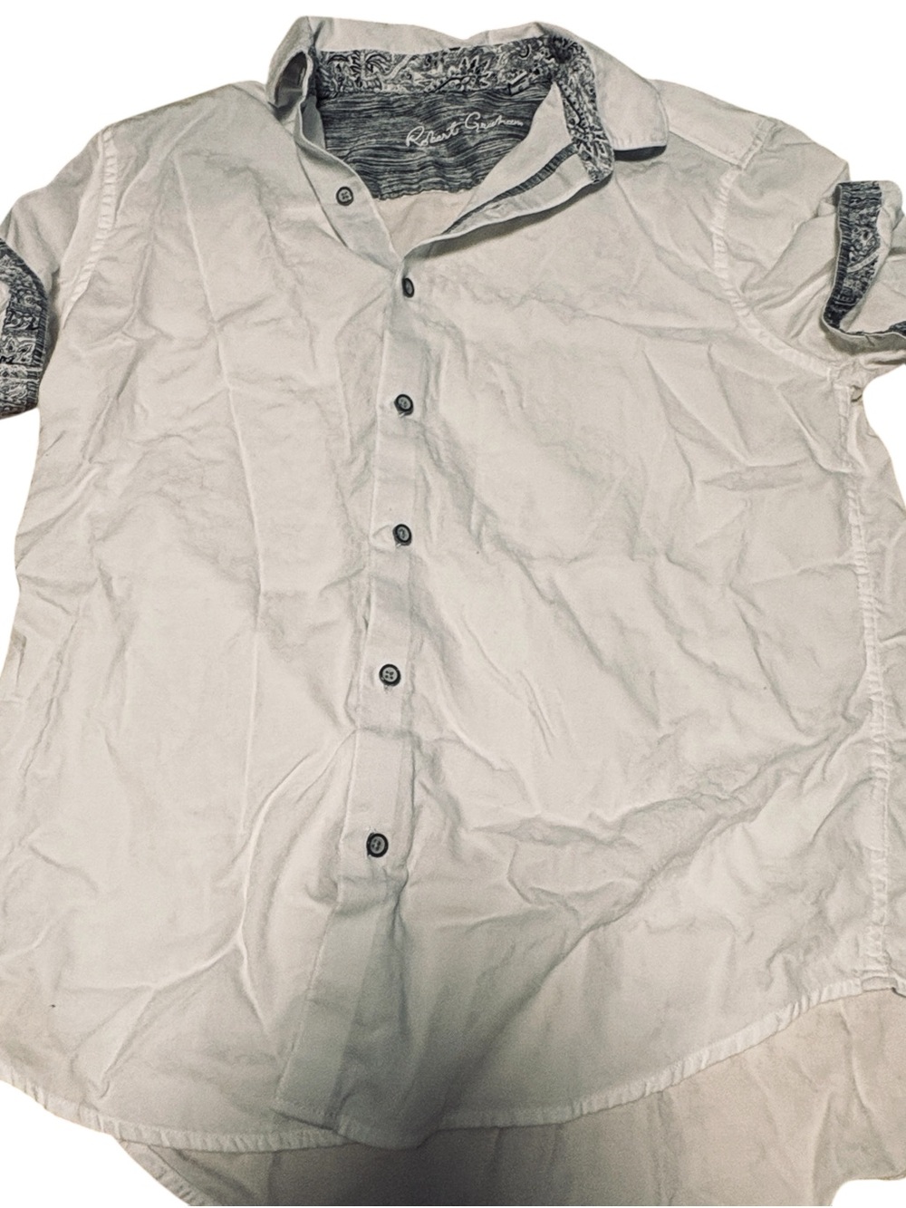 Robert Graham White Short-Sleeve Button-Down Shirt with Patterned Trim Large